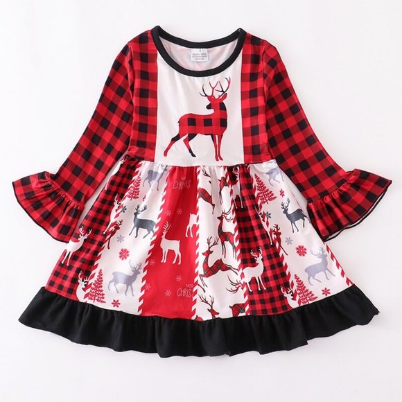 Other - Boutique Reindeer Buffalo Plaid Girls Christmas Panel Twirls Dress